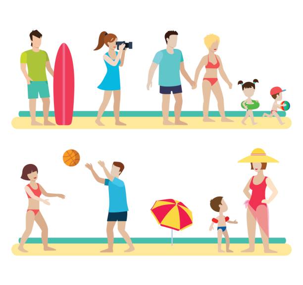 ilustraciones, imágenes clip art, dibujos animados e iconos de stock de situaciones de los iconos de estilo plano playa moderno personas familia estilo de vida web plantilla infografía conjunto de iconos de vector. fotógrafo surfer par los niños crianza paraguas de voleibol. iconos de estilo de vida de las mujeres los hombres. - umbrella men business businessman