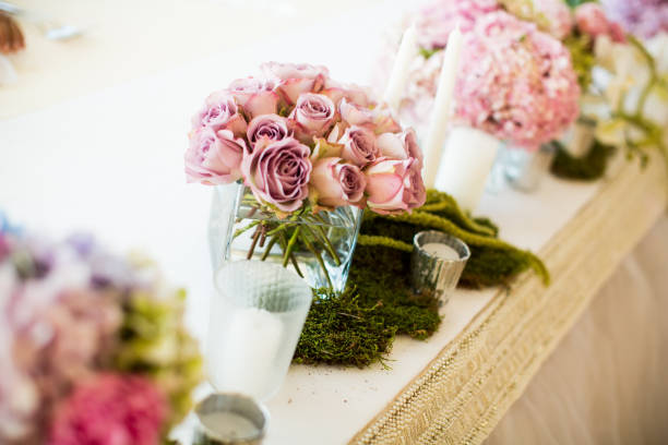 istock Close up view at flower decorations for holidays and wedding dinner 687535880