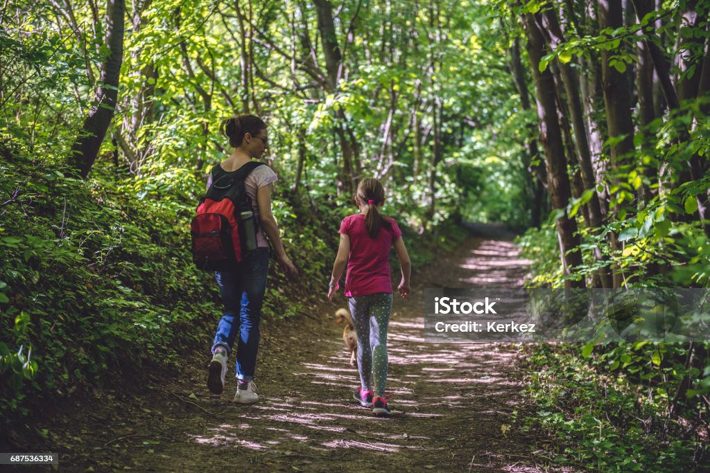 Mother and daughter walking on path in woods Mother and daughter walking on path in woods and talking Family Stock Photo