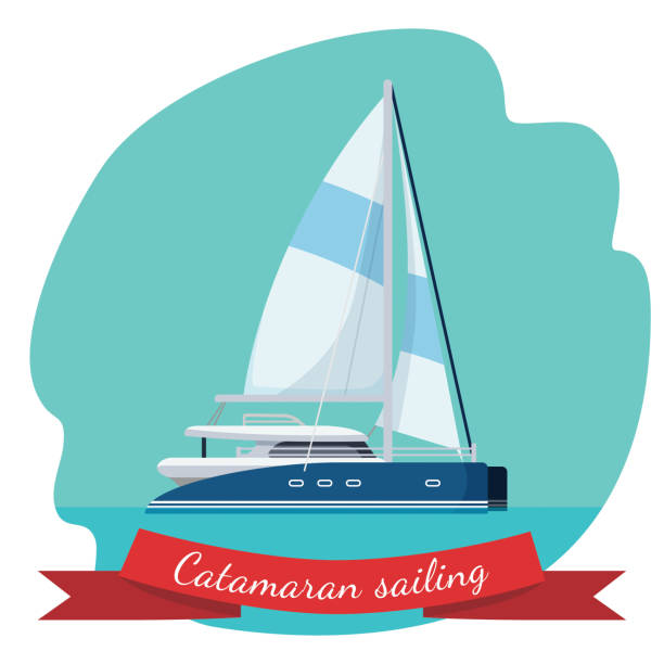 Catamaran sailing boat with canvas vector illustration isolated Catamaran sailing boat with canvas vector illustration isolated in blue circle. Traveling by sea concept. Modern yacht realistic design catamaran sailing boats stock illustrations