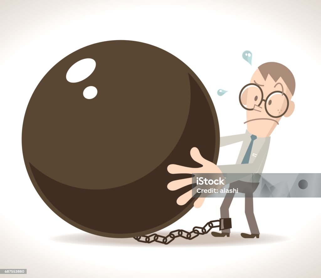 Tired Businessman Is Locked In A Big Iron Ball And Chain Stock Illustration  - Download Image Now - iStock