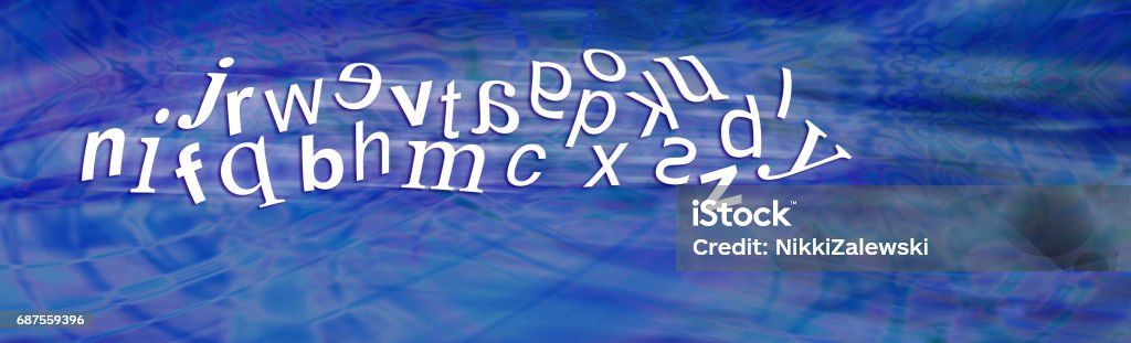 Dyslexia Alphabet with reversed letters Wide blue header with a jumbled moving complete alphabet showing six characters reversed depicting dyslexia with plenty of copy space beneath Adult Stock Photo