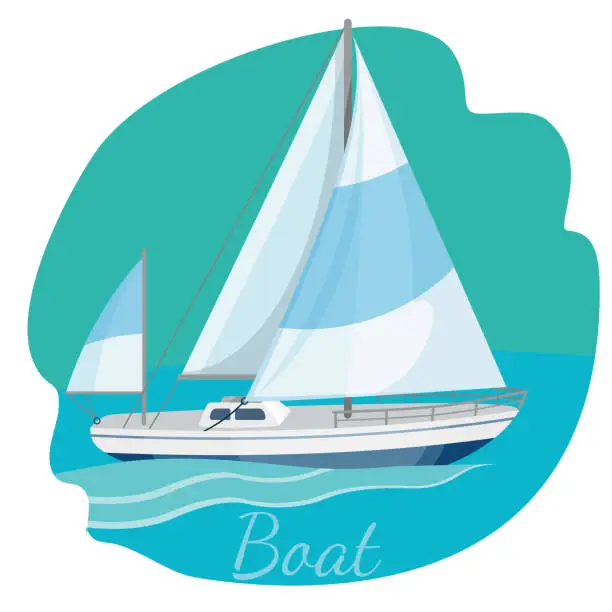 Vector illustration of One-decked boat with sails vector illustration isolated on blue