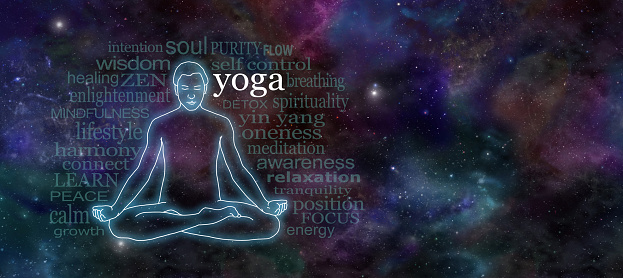 Wide deep space night sky banner with a glowing male silhouette outline in lotus position on the left surrounded by a word cloud and plenty of copy space on right