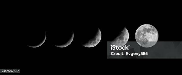 Moon Phases Growing New Moon Stock Photo - Download Image Now - Moon, Moon Surface, Planetary Moon