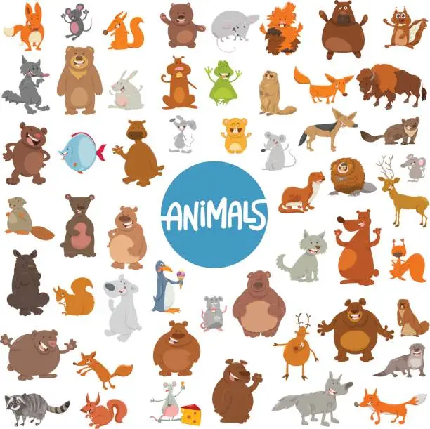 Vector illustration of cartoon animal characters huge set