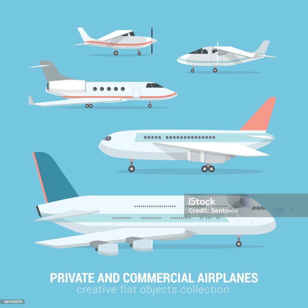 Flat style set of commercial and private airplanes. Business jet light motor plane medium-range transcontinental aircraft. Creative aerial transport collection. Airplane stock vector