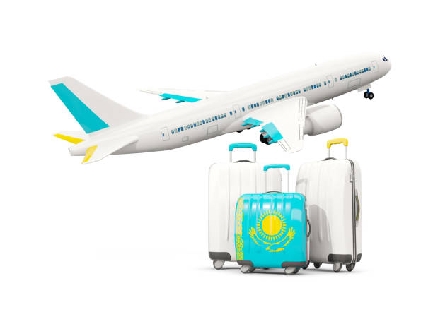 istock Luggage with flag of kazakhstan. Three bags with airplane 687597994