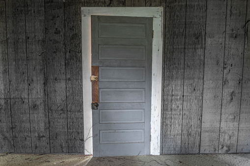 Grey door and a grey wood paneled wall
