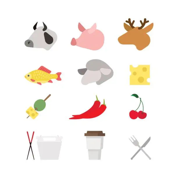 Vector illustration of Flat creative style modern misc food infographic vector icon set. Cow pig deer fish lamb cheese olive pepper cherry sushi sticks coffee. Meal time icons collection.