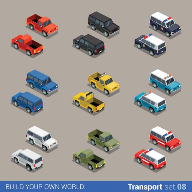 ilustrações de stock, clip art, desenhos animados e ícones de flat 3d isometric high quality city suv jeep offroad transport icon set. car pickup fire service police military farm truck. build your own world web infographic collection. - truck military armed forces pick up truck