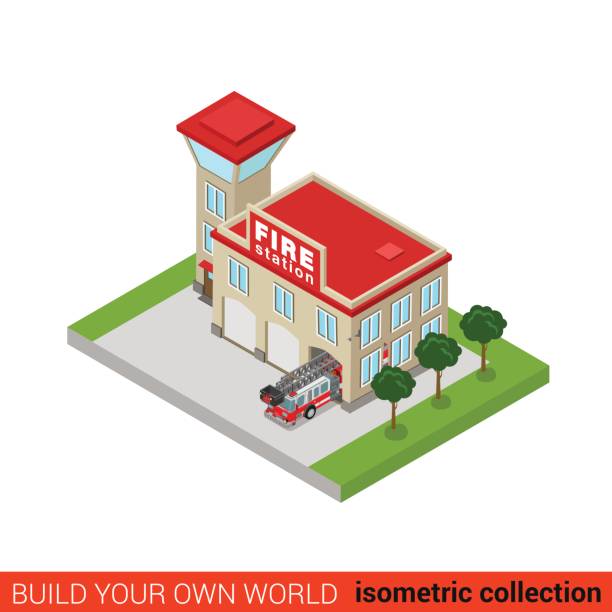 ilustrações de stock, clip art, desenhos animados e ícones de flat 3d isometric fire station building block infographic concept. rescue service service office tower car truck. build your own infographics world collection. - 2586