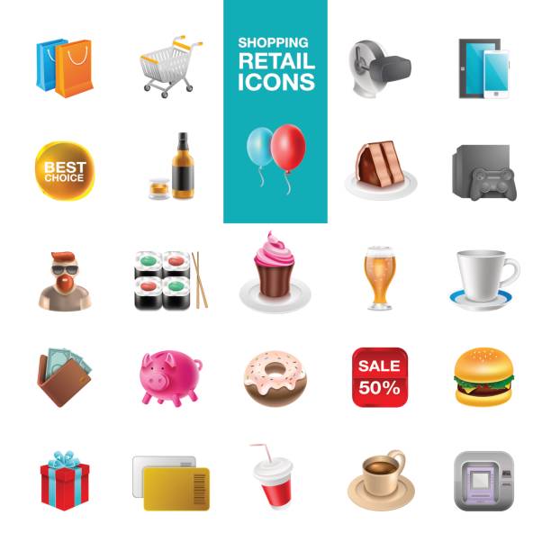 Shoping Retail Icons Store, Supermarket, Wallet, Computer Icon, Retail buying liquor stock illustrations