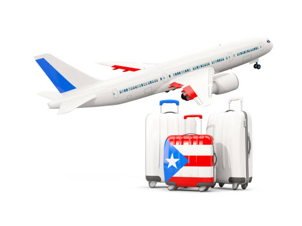 istock Luggage with flag of puerto rico. Three bags with airplane 687635292