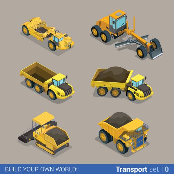 ilustrações, clipart, desenhos animados e ícones de apartamento estilo isométrico estrada moderna rodovia superfície 3d fazendo construção local faixa rodas veículos transporte web app ícone definir o conceito. caminhão de tipper de ponta pavimentadora ceifeira máquina de pavimentação de asfalto. - 2650