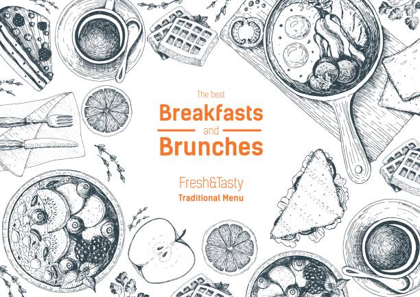 ilustraciones, imágenes clip art, dibujos animados e iconos de stock de desayunos y brunches superior marco de vista. diseño de menú de alimentos. ilustración de vector de boceto dibujado a mano vintage. - brunch