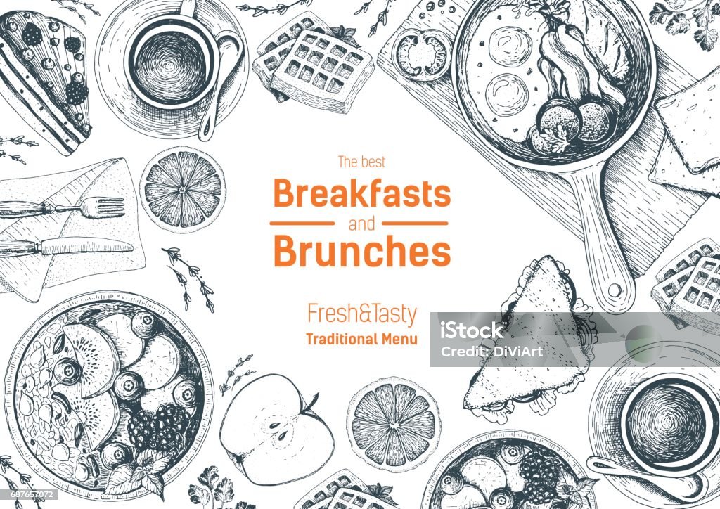 Breakfasts and brunches top view frame. Food menu design. Vintage hand drawn sketch vector illustration. Breakfast stock vector