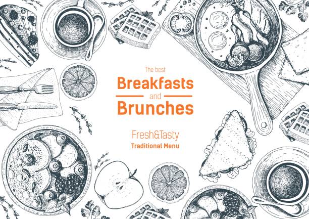 Breakfasts and brunches top view frame. Food menu design. Vintage hand drawn sketch vector illustration. Breakfasts and brunches top view frame. Food menu design. Vintage hand drawn sketch vector illustration. breakfast borders stock illustrations