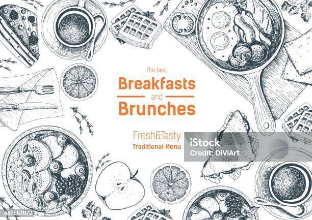 Breakfasts And Brunches Top View Frame Food Menu Design Vintage Hand Drawn Sketch Vector Illustration Stock Illustration - Download Image Now