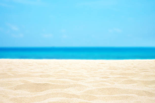 closed up sand on summer beach with blurred sky background and copy space