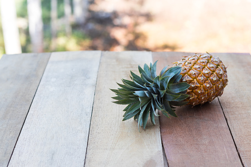 Pineapple on wood table with nature background