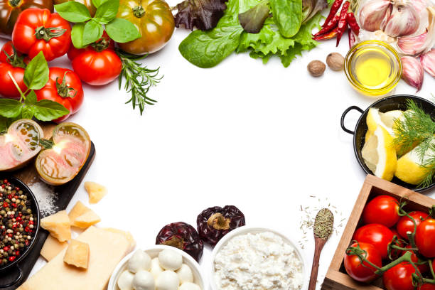 Fresh ingredients for cooking and seasoning frame High angle view of food ingredients and spices all around a white background it making a colorful frame. Useful copy space ready for text and/or logo. DSRL studio photo taken with Canon EOS 5D Mk II and Canon EF 100mm f/2.8L Macro IS USM cheese goat cheese gourmet food stock pictures, royalty-free photos & images