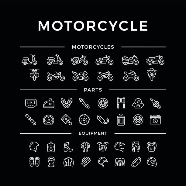 ilustraciones, imágenes clip art, dibujos animados e iconos de stock de juego de motos relacionados con los iconos de línea - motorcycle engine brake wheel
