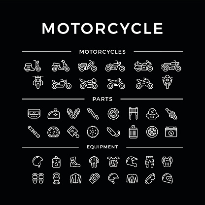 Set of motorcycle related line icons isolated on black. Vector illustration