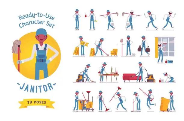 Vector illustration of Ready-to-use male janitor character set, various poses and emotions