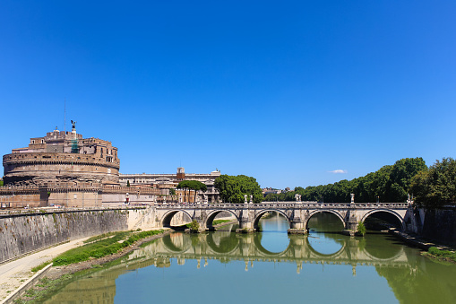Tiber River, Ponte Sant'Angelo and Castel Sant'Angelo, Rome, Italy.