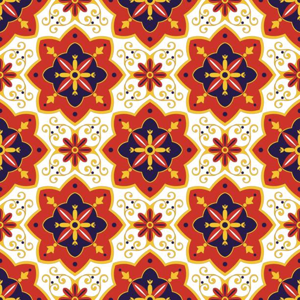 Tiles pattern vector Tiles pattern vector with diagonal blue, red and white ornaments. Portuguese azulejo, mexican, spanish, arabic or moroccan motifs. Tiled background for wallpaper, wrapping paper or fabric. tile patterns stock illustrations