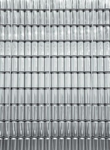 Texure made of stacked aluminum cans used for beer or soda, full frame