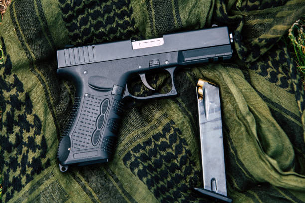 istock A pistol with a magazine on a green background 687695586