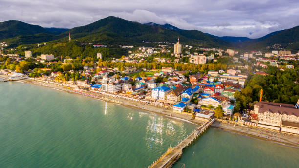 Aerial view on seashore resort area Aerial view on seashore resort area, Sochi, Russia sochi stock pictures, royalty-free photos & images