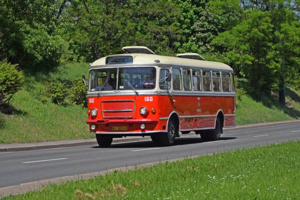 Warsaw, Poland - 20th, May, 2017: Classic San H-100B driving on the street. This bus was the one of the most popular city buses in Poland in 60s and 70s.