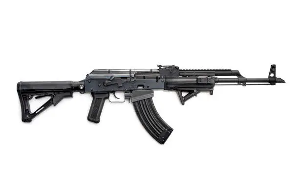 Tactical custom built AK-47 7.62 rifle on white background