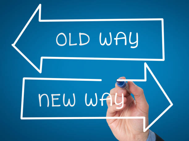 istock Man Hand drawing Old Way or New Way concept with marker on visual screen 687714788
