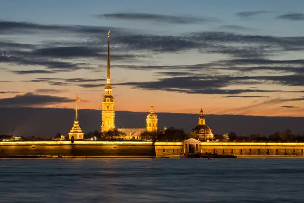 View of the illuminated Peter-Pavel's Fortress in the summer evening, St. Petersburg, Russia