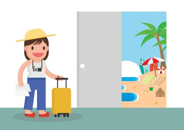 Vector illustration of young woman with travel bag and map traveling.
