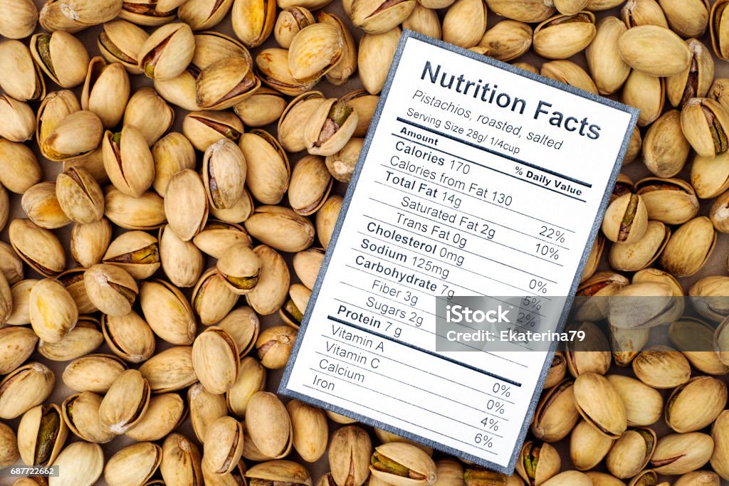 Nutrition facts of roasted and salted pistachios with nuts background Nutrition facts of roasted and salted pistachios with nuts background. Vegan Food Stock Photo