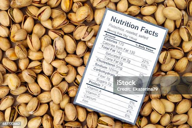 Nutrition Facts Of Roasted And Salted Pistachios With Nuts Background Stock Photo - Download Image Now