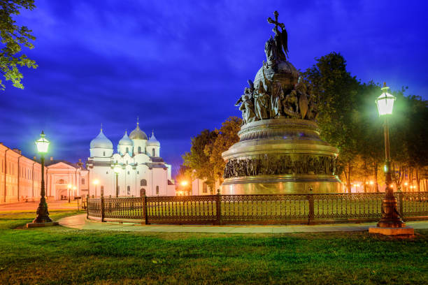 The Millennium of Russia bronze monument in the Novgorod Kremlin with Saint Sophia Cathedral in the background, Russian Federation