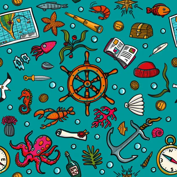Vector illustration of Seamless hand-drawn pattern. Marine theme. Sea inhabitants, plants, and shipboard equipment on a bright blue background. Backgrounds, wrapping paper, textiles, postcards, etc