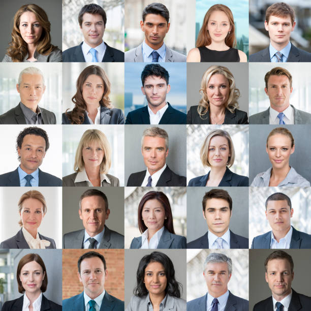 Faces of Business - Confident Colour Image Collage of headshot portraits of 25 different business people. Close up faces of businessmen and businesswomen. Colour image. large group of people facing camera stock pictures, royalty-free photos & images