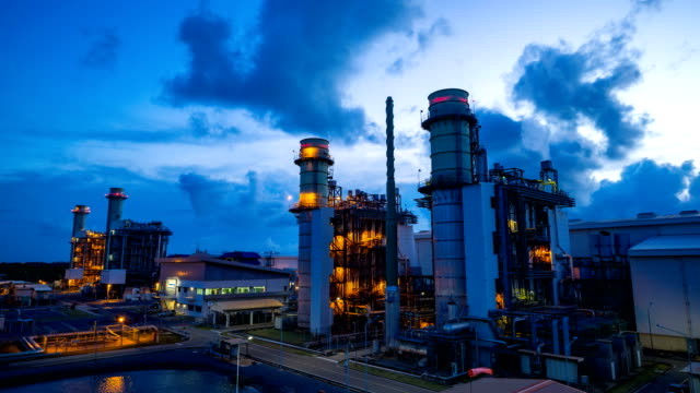 4k timelapse day to night of combined cycle powerplant