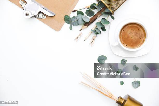 Blogger Or Freelancer Workspace With Clipboard And Coffee On White Background Flat Lay Top View Stock Photo - Download Image Now
