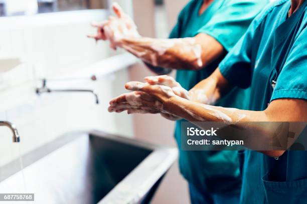 Couple Of Surgeons Washing Hands Before Operating Stock Photo - Download Image Now - Washing Hands, Hospital, Hand