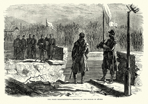 Vintage engraving of a scene from Franco Prussian War or Franco-German War often referred to in France as the War of 1870. Peace negotiations, at the Bridge of Sevres