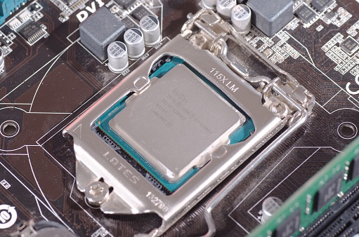 Saransk, Russia - May 14, 2017: Intel Xeon CPU on a computer motherboard. The Xeon is a brand of microprocessors manufactured by Intel Corporation, targeted at the server system markets.