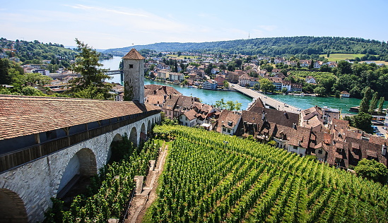 Schaffhausen, Switzerland. Panoramic view of the old town, Munot fortress overlooking Rhine River. A city on the Upper Rhine in northern Switzerland. The old town has many fine Renaissance buildings, fountains and decorations.